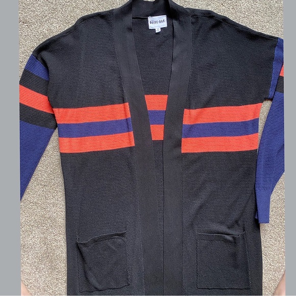 🎉NWOT OLIVE & OAK Striped Duster Cardigan, Women’s Size Med, Black/Navy/Coral - Picture 2 of 5